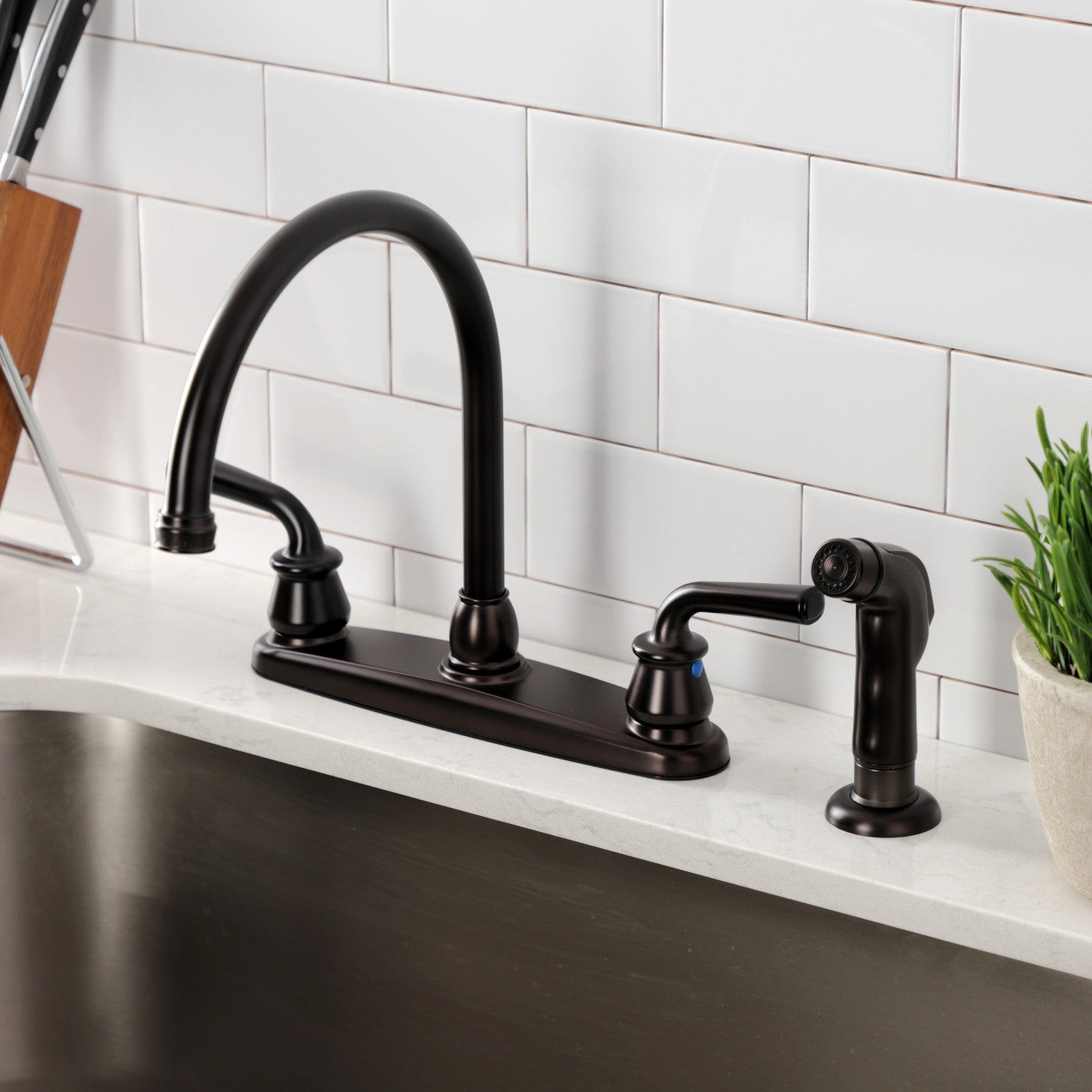Kingston Tulare KB725RXLSP - Restoration Two-Handle 4-Hole 8" Centerset Kitchen Faucet with Side Sprayer, Oil Rubbed Bronze — thumbnail 2